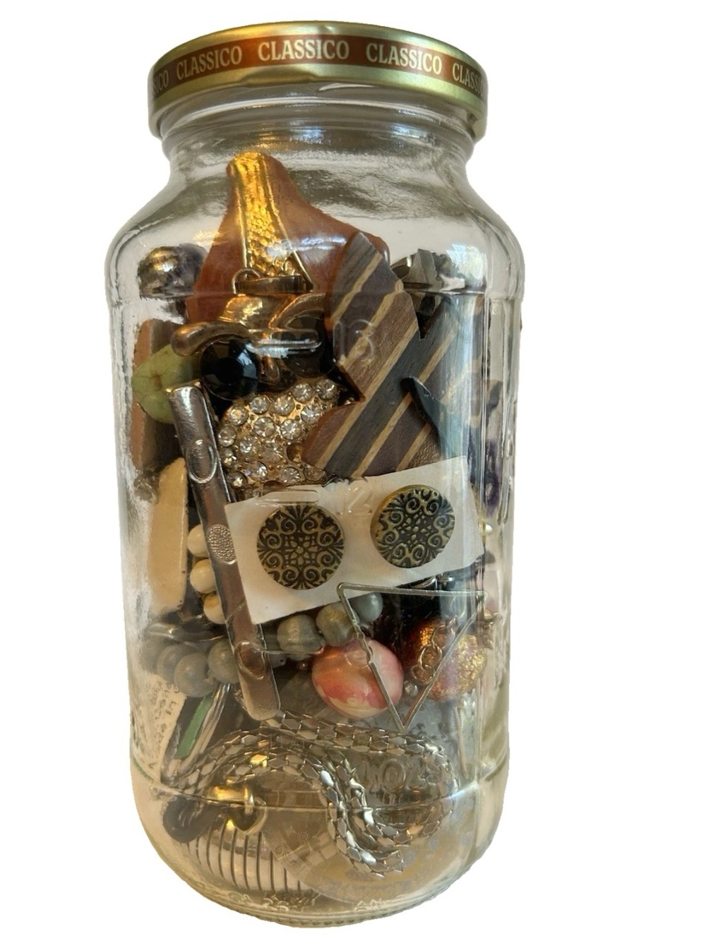 Mystery Jewelry Jar Lot Necklaces Bracelets Earrings Brooches Beaded Gold Tone